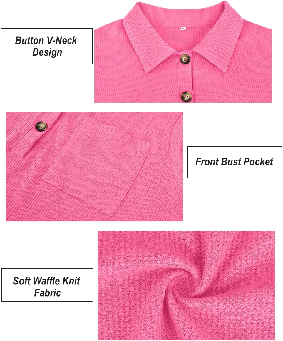 CARCOS Plus Size Tops for Women Waffle Knit Henley Shirts Long Sleeve Button V Neck Tunics Casual Solid Blouse with Pocket - Image 5