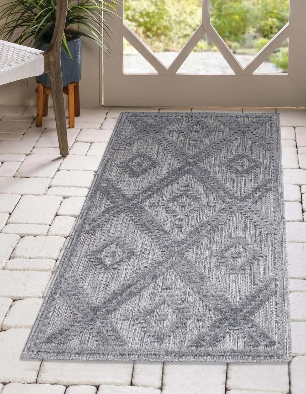 carpet city Binnen en buiten tapijt, rond 200 cm, voor binnen en buiten, weerbestendig balkontapijt, terras, hal, keuken, woonkamertapijten, hoogdiep/3D-effect, ruitpatroon in antraciet