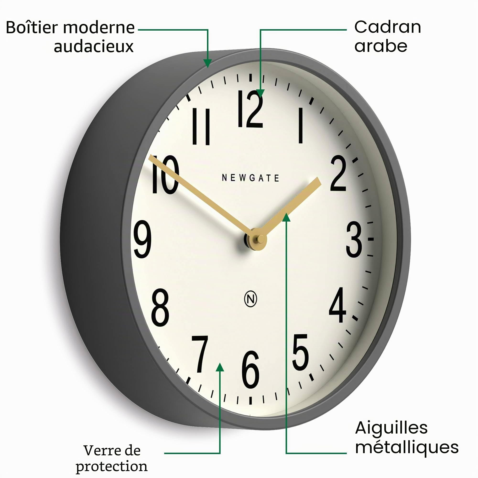 NEWGATE® Master Edwards Horloge Murale | Horloge de Style Milieu du siècle | 30 cm | Boîtier métallique Profond en Gris foncé Mat | Design rétro Moderne pour Cuisine, Salon ou Bureau