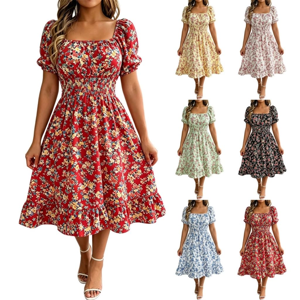 Blumenkleid Damen Sommer Lang Abendkleid Große Größen Kurzarm Sommerkleid mit Quadratischem Ausschnitt A-Linie Elastische Hoher Taille Freizeitkleid mit Ruschen Saum Luftige Boho Strandkleid S-5XL