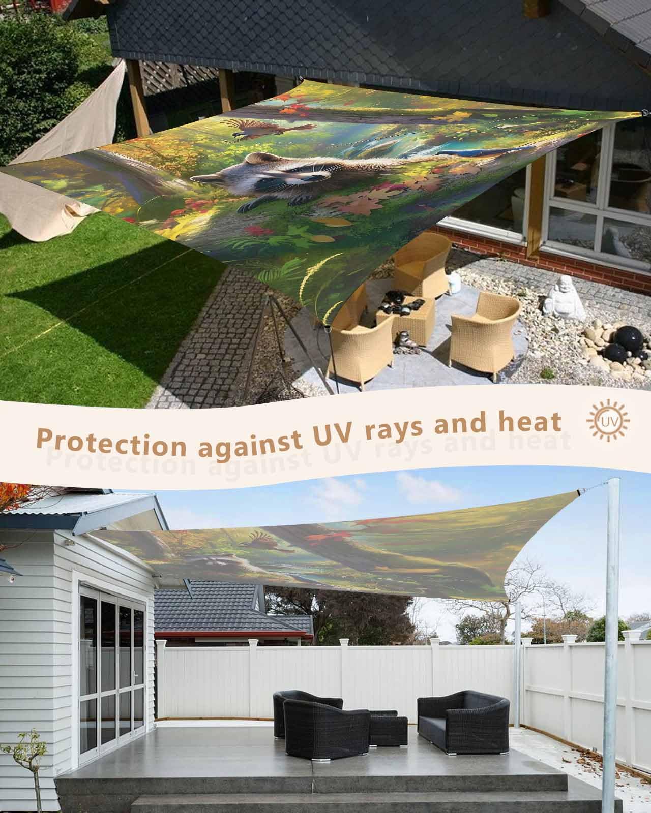 Sun Shade Sails Canopy 12'x16', Green Forest Animal Raccoon UV Protection Outdoor Shade Canopy, Rust Resistant Tear Patio Sail Shade for Sunshade Outdoor Patio Backyard Garden