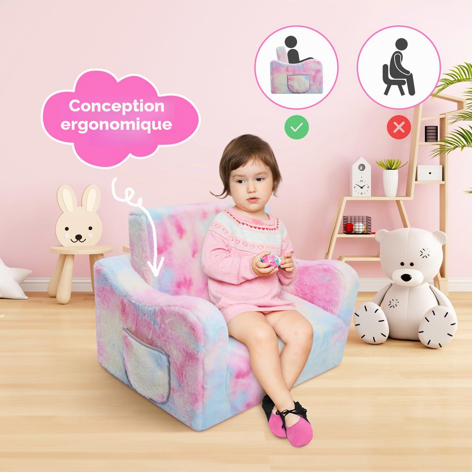 Canapé Pliant pour Enfants avec Oreiller en Forme d'étoile Canapé-Lit Convertible 2 en 1,Fauteuil Stable pour Fille Bébés avec Poche, Canapé Chaise Confortable pour Chambre à Coucher Salon,Rose