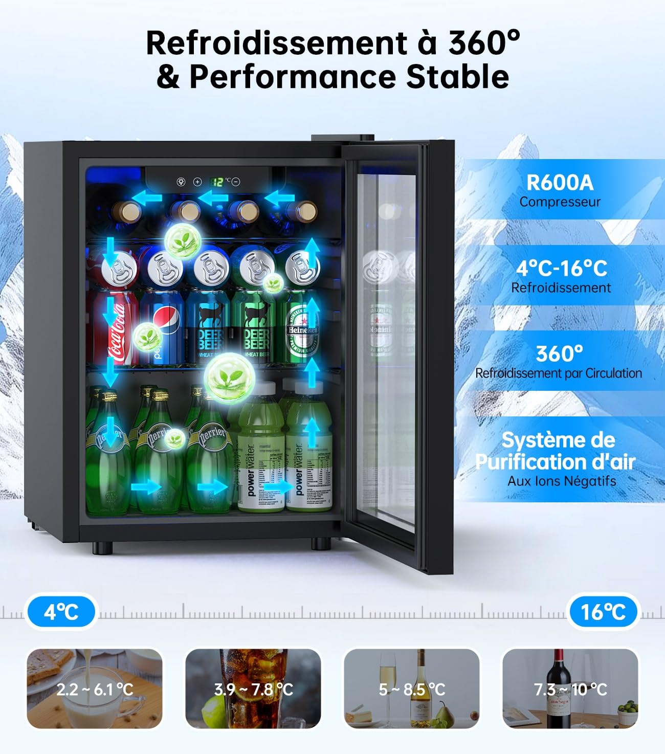 Armoire Vitrine Réfrigérée 48L 68 Cans Mini Frigo avec LED Étagères Réglables Silencieux pour Vin Cannette Bière