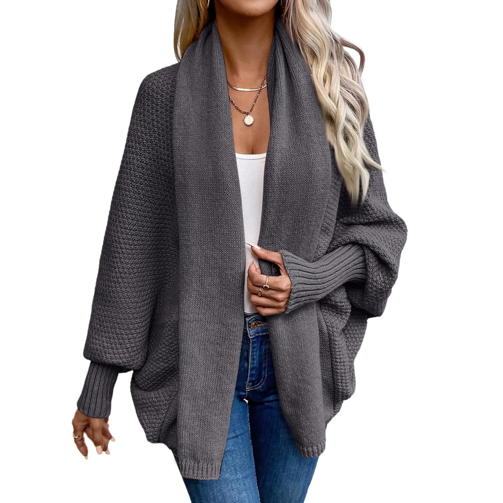 Womens Oversized Cardigan Kimono Bat-Wing Sleeve Oversized Wrap Sweater Open Front Knit Cardigan Casual Fall Sweater