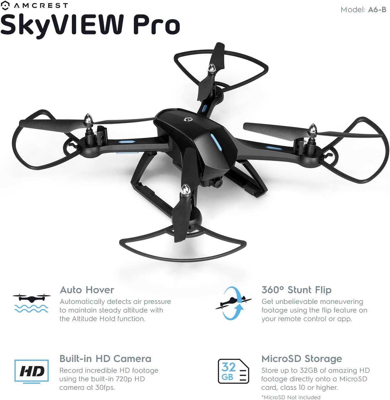 Amcrest A6-B Skyview Pro RC WiFi Drone with Camera HD FPV Quadcopter Video Drone with Camera for Adults, 2.4ghz WiFi Helicopter w/Remote Control, Stunt Flip, Headless Mode, Smartphone (Black)