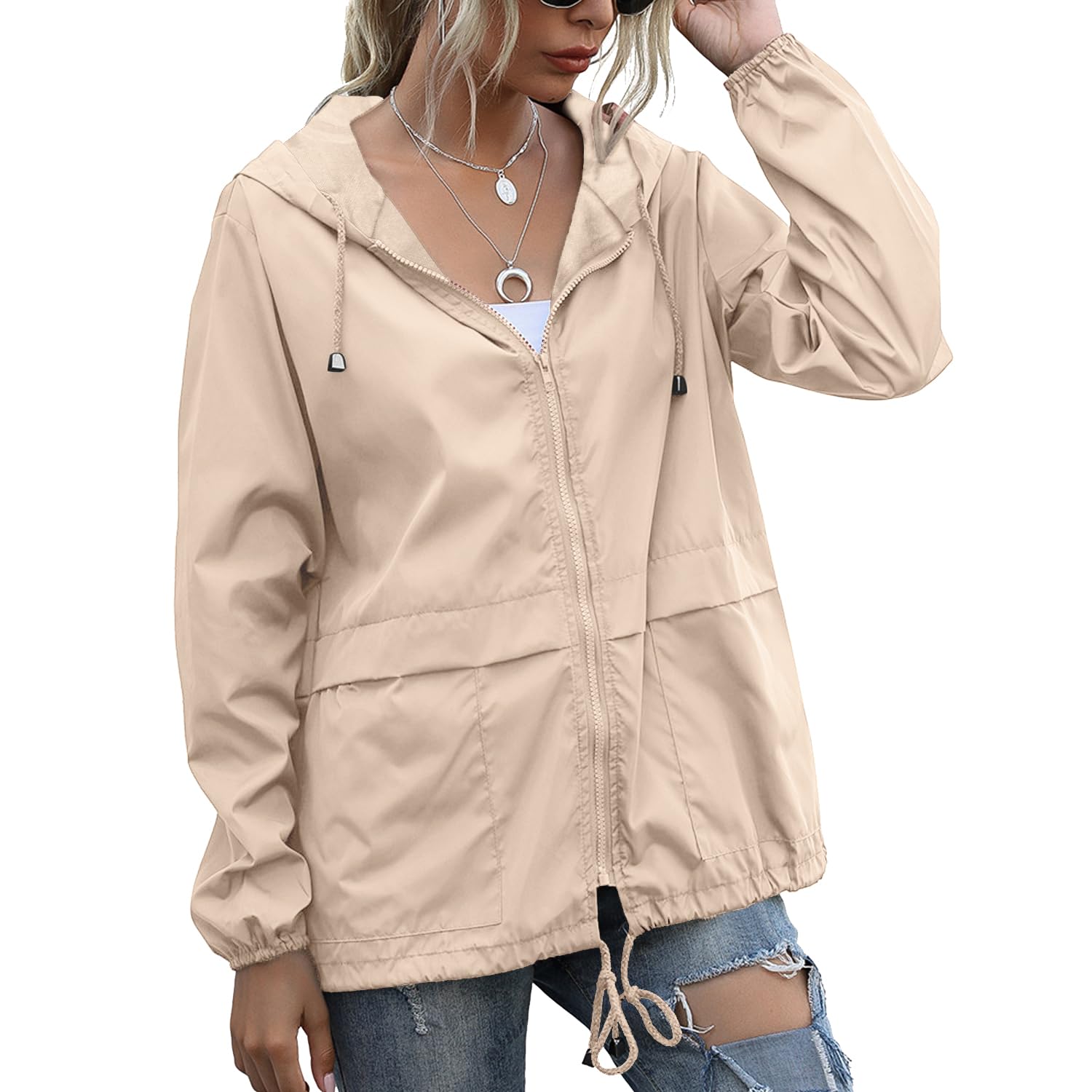 PESION Women's Waterproof Raincoat Lightweight Rain Jacket Hooded Windbreaker with Pocket for Outdoor