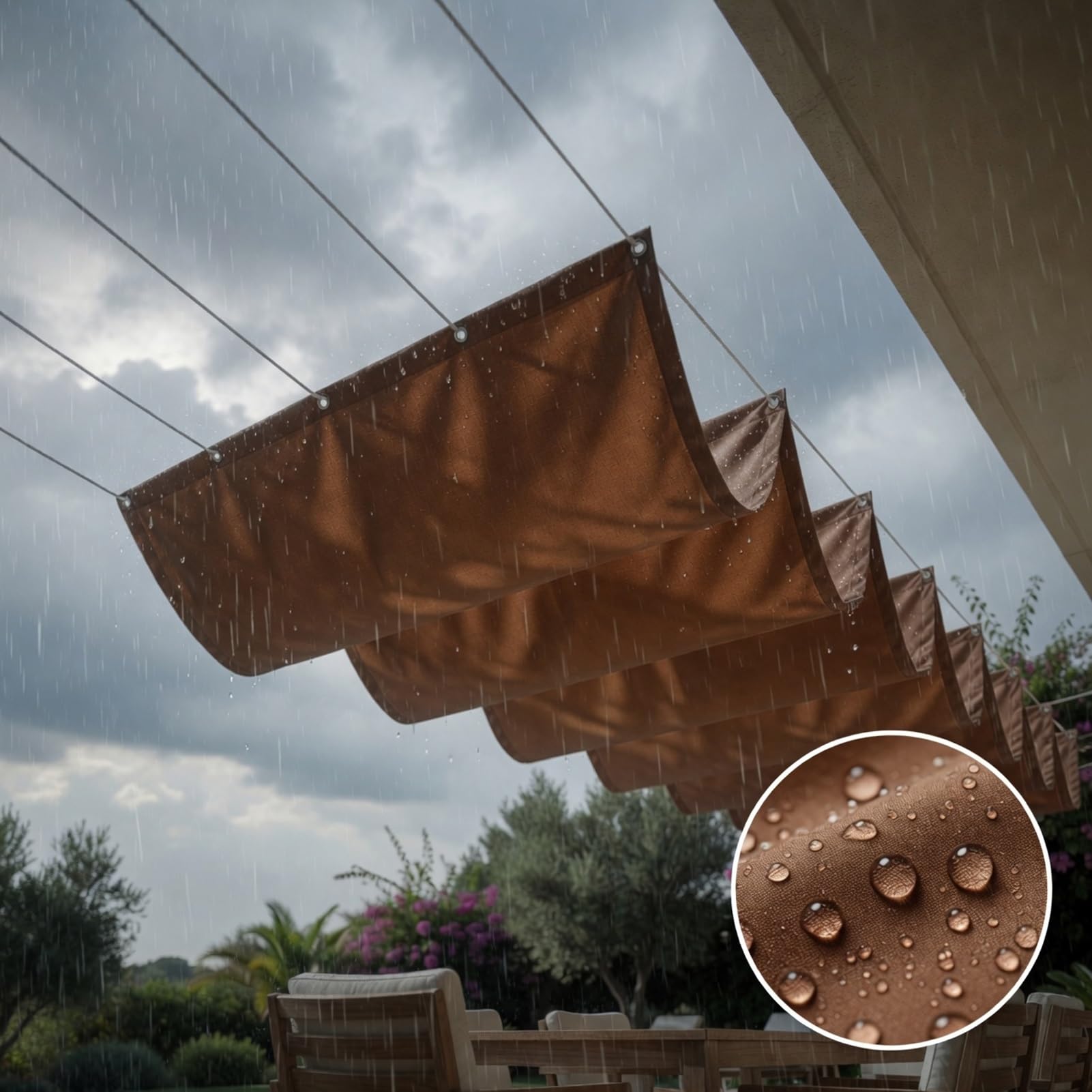 Wysuwany Żagiel Przeciwsłoneczny 2.9 x 3.7 m 95% Blok UV Wodoszczelny Regulowana Osłona Przeciwsłoneczna Odporny Na Rozerwanie Na Balkon, Taras, Do Ogrodu, brązowy