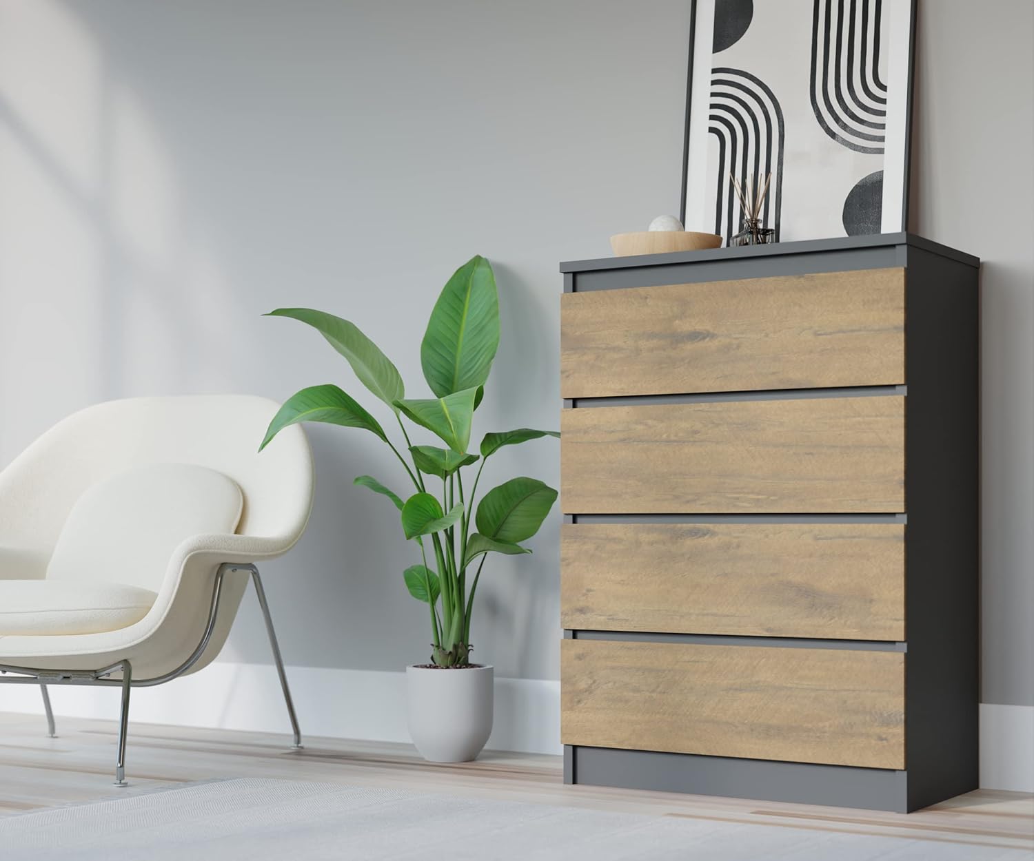 3xEliving Commode, Buffet avec 4 tiroirs Anthracite/CHÊNE Lancelot, L