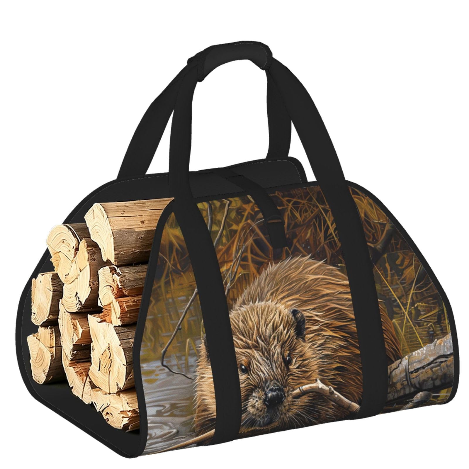 beaver working Printed Firewood Carrier Bag, Log Tote with Open-Ended Design for Camping Outdoor Wood Hauling