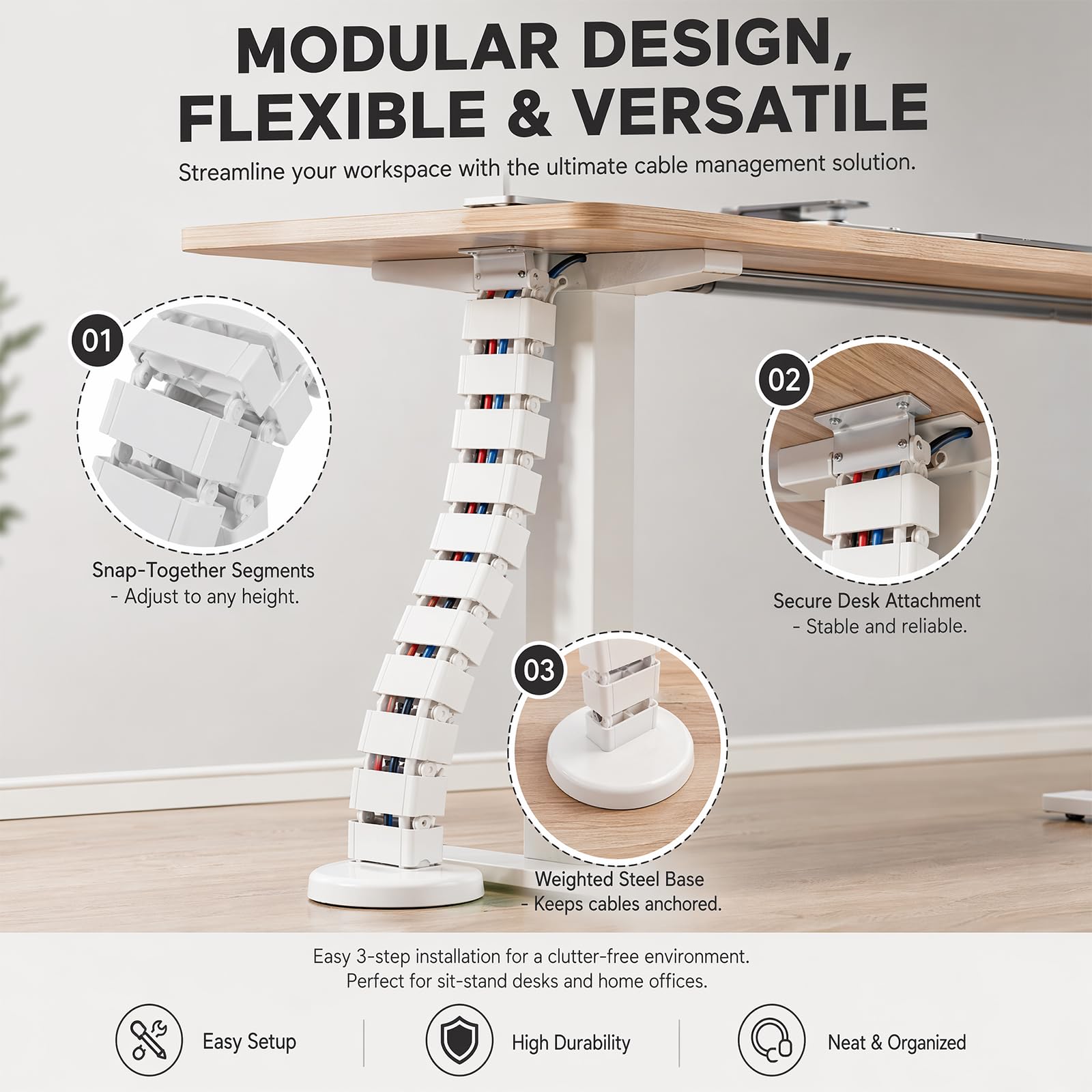 Guide-câble carré Flexible 130cm, Organisateur Rangement Fils chaîne Serpent, Accessoire Gestion câbles Bureau Hauteur Ajustable Couleur Blanc