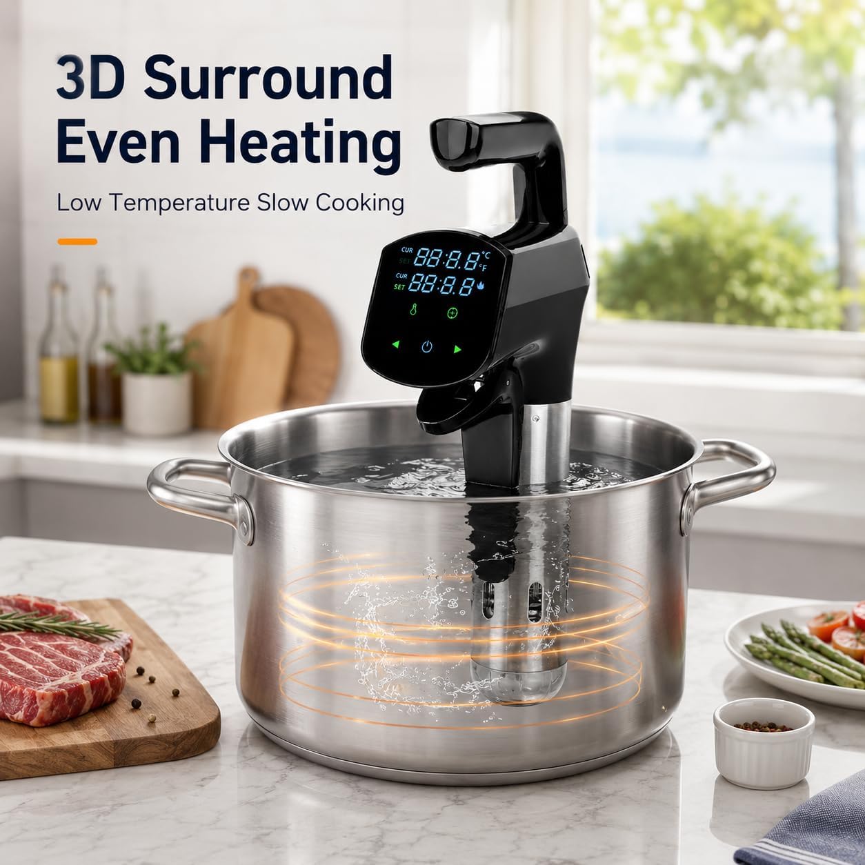 Cocina Sous Vide de 1800 W, baño de agua de precisión WiFi con pantalla LCD, control de temperatura de 25 a 95 °C para filetes, pollo, pescado y más
