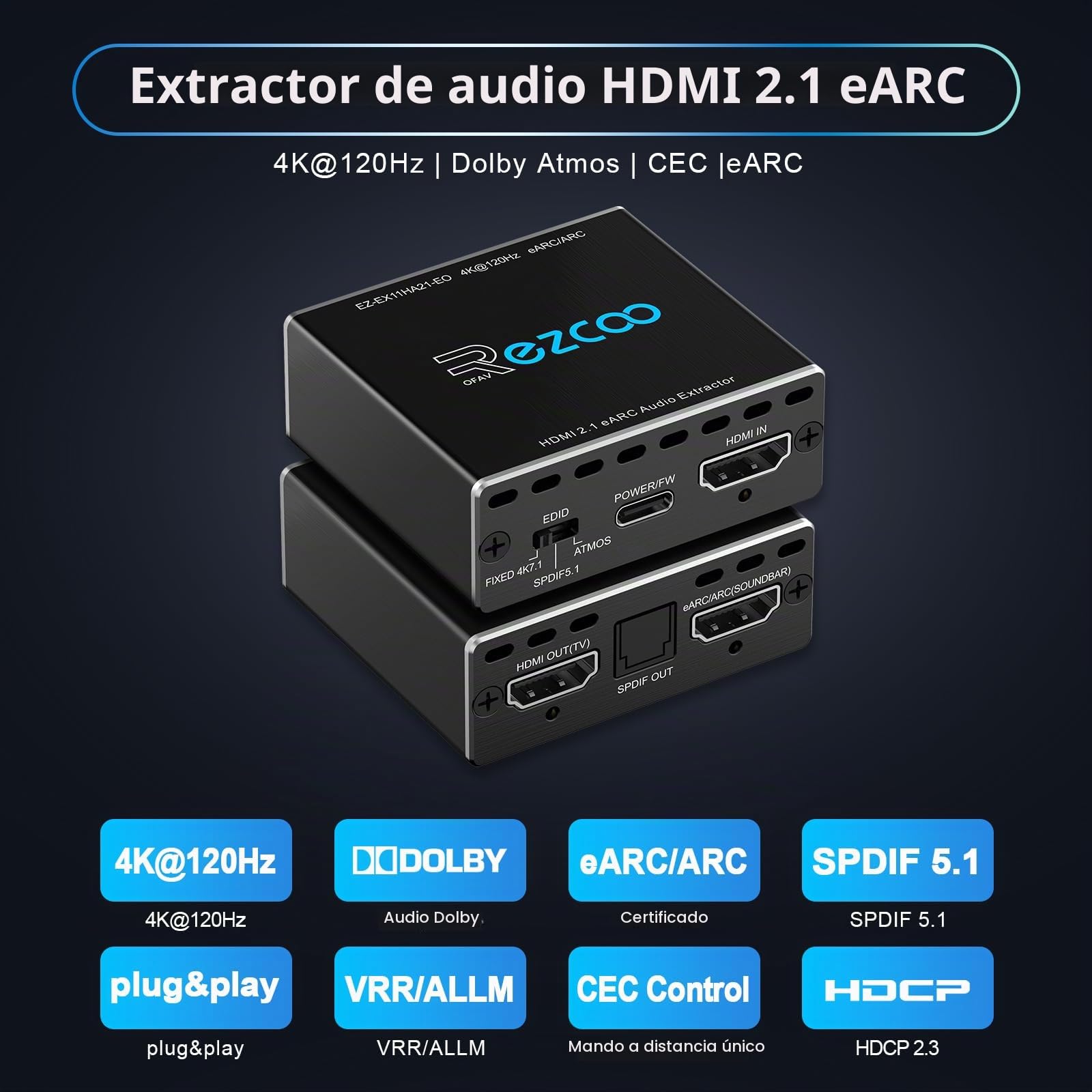 ROFAVEZCO Extracteur Audio HDMI 2.1 eARC 4K@120Hz Dolby Atmos/Vision VRR/ALLM CEC Bypass HDCP2.3 SPDIF Plug & Play pour Soundbars/Sonos ARC/eARC/PS5/Xbox