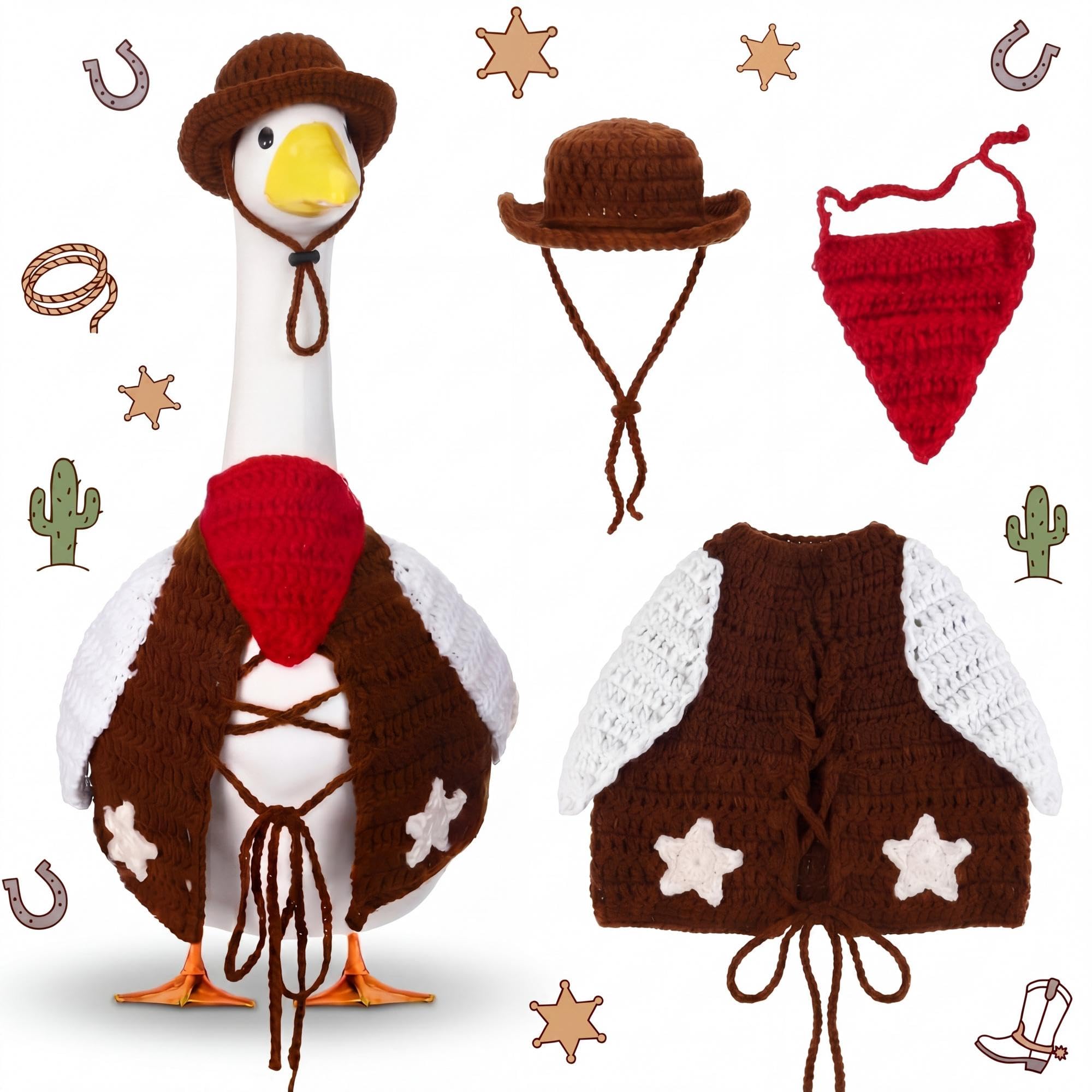Abbylike Western Cowboy Porch Goose Outfits for 23" Lawn Cement Goose Statue Crocheted Clothes Costume Cowboy Hat with Bandana Scarf for Garden Porch Statue Yard Pathway Decorations