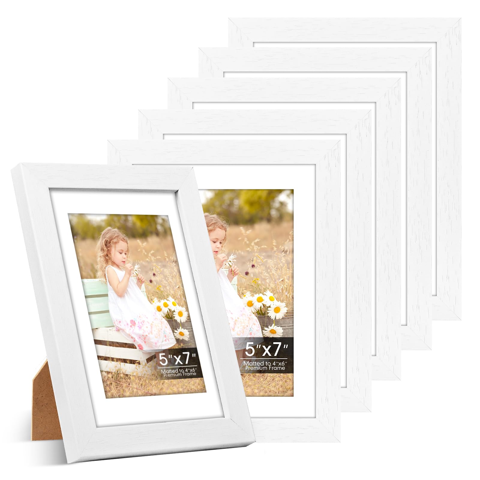 5x7 Picture Frames 6 Pack, Mat for 4x6 Photos, Shatter HD Plexiglass | Removable mat fits two photo sizes, slim frame with stand for horizontal &amp; vertical tabletop &amp; wall mount