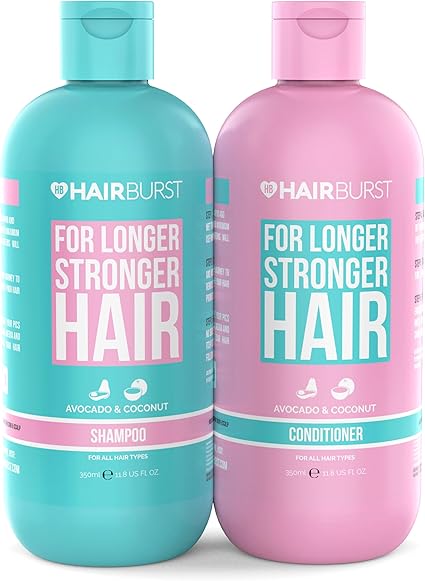 Blue bottle of Hair Burst shampoo alongside pink bottle of Hair Burst conditioner on white background