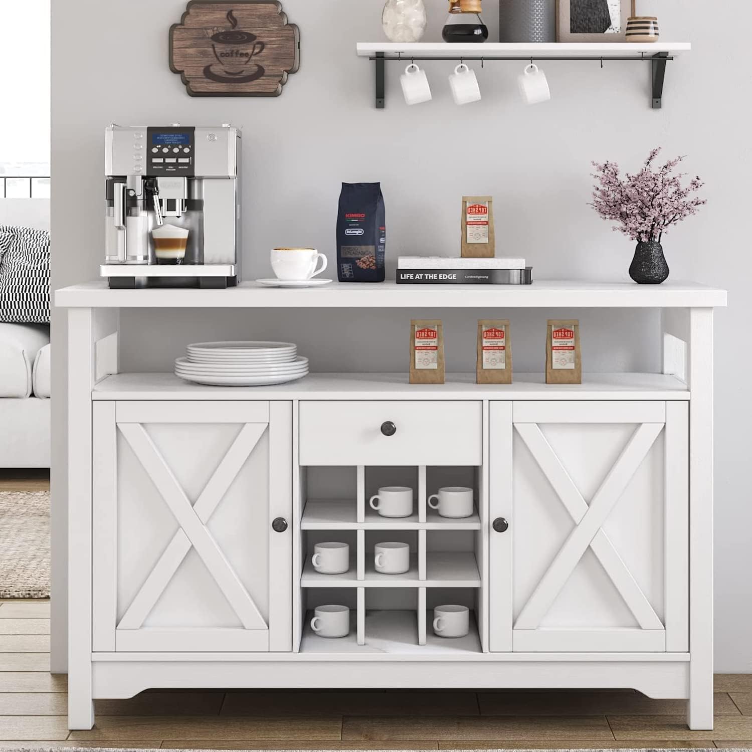 4ever2buy Farmhouse Coffee Bar Cabinet with Storage, White Coffee Bar with Drawer, Kitchen Buffet Cabinet with Barn Door, Wine Bar Cabinet with 9 Wine Racks for Dining, Living Room