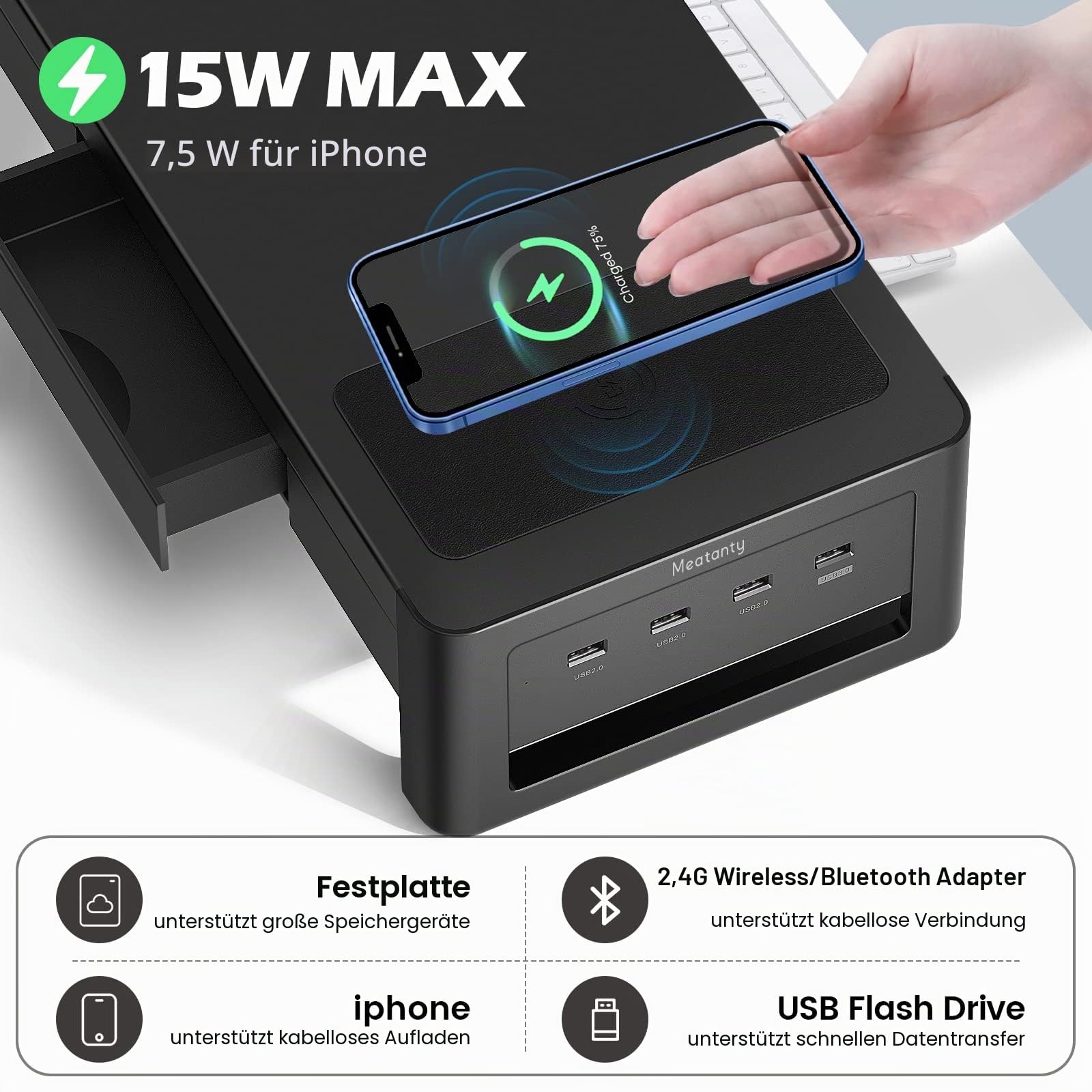 meatanty Monitorständer mit Schublade, USB und kabellosem Laden | Metallständer mit 4-Port-USB-Hub für PC, Notebook oder Drucker und praktische Schreibtischorganisation.