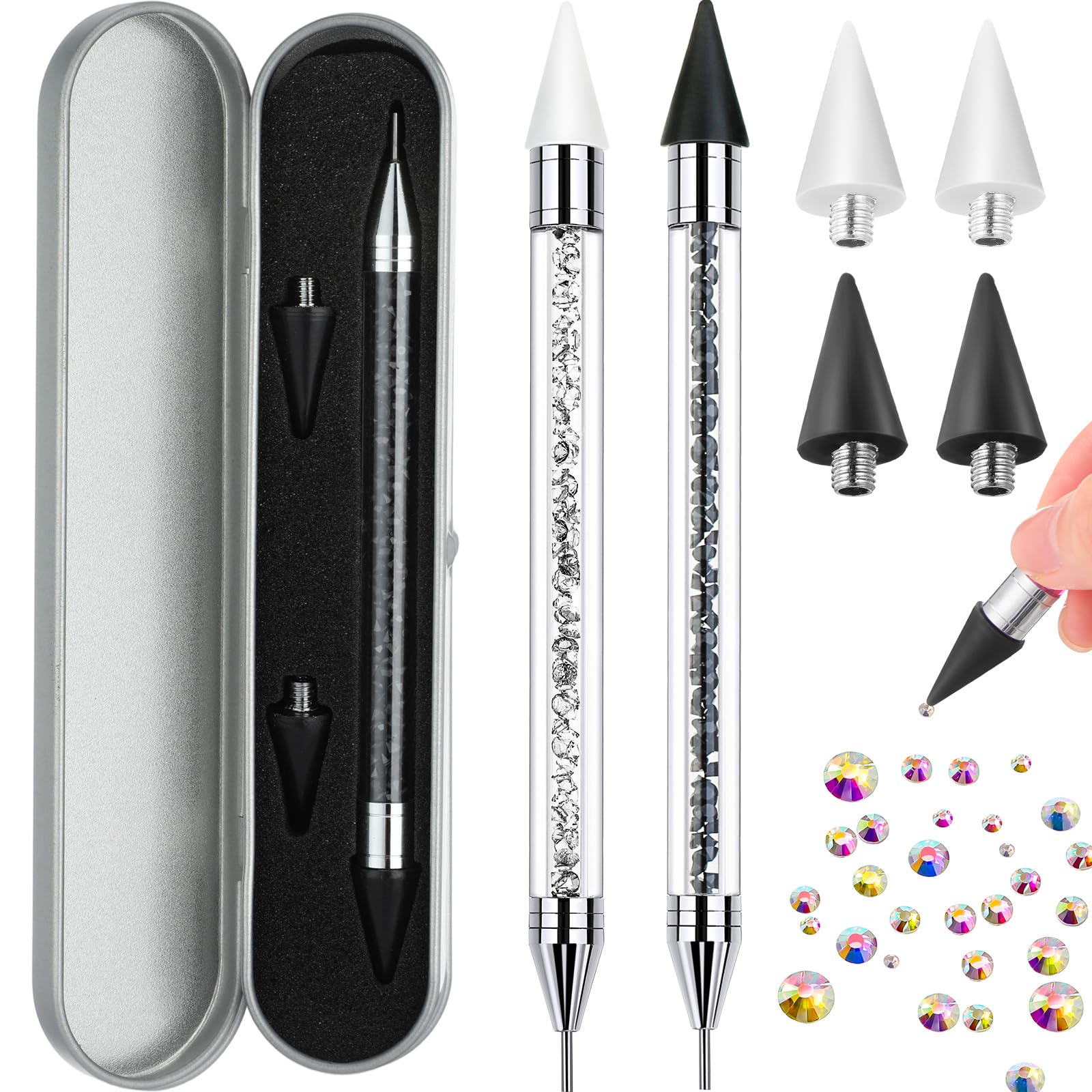 Photo 1 of ** only 1*
2 Pieces Rhinestone Picker Dotting Pen, Dual-ended Rhinestone Gems Crystals Studs Picker Wax Pencil Pen Crystal Beads Handle Manicure Nail Art DIY Decoration Tool (Black White)