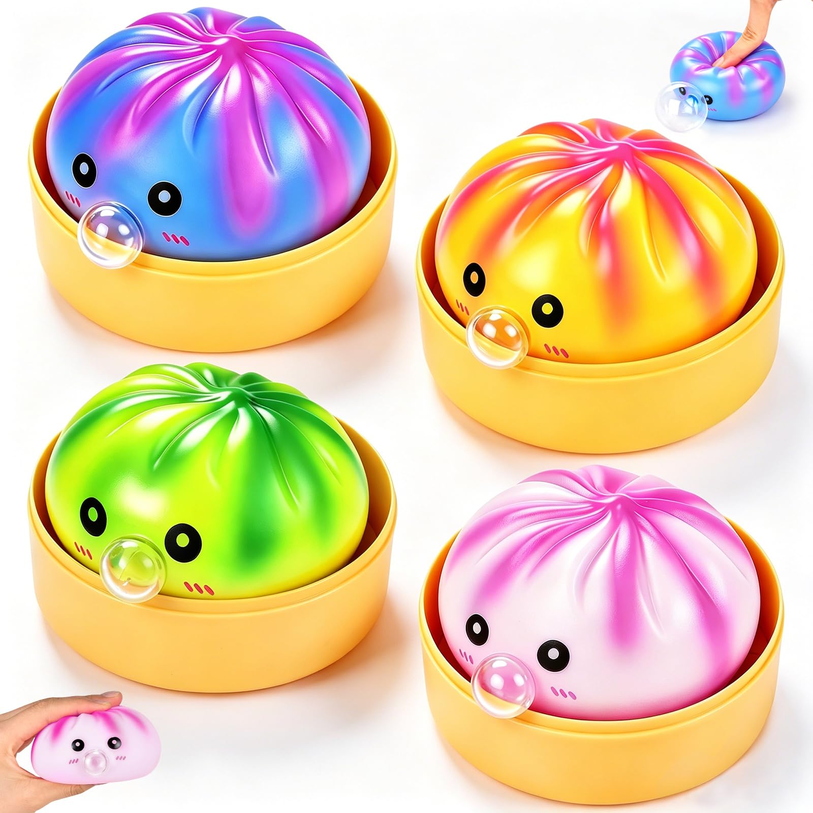 4PCS Squishy Bao, Colorful Mystery Stress with Plastic Steamer Box, Squishy Bao Toy, Colors Smiley Face Mystery Glitter Fidget Toy for Adults Kids