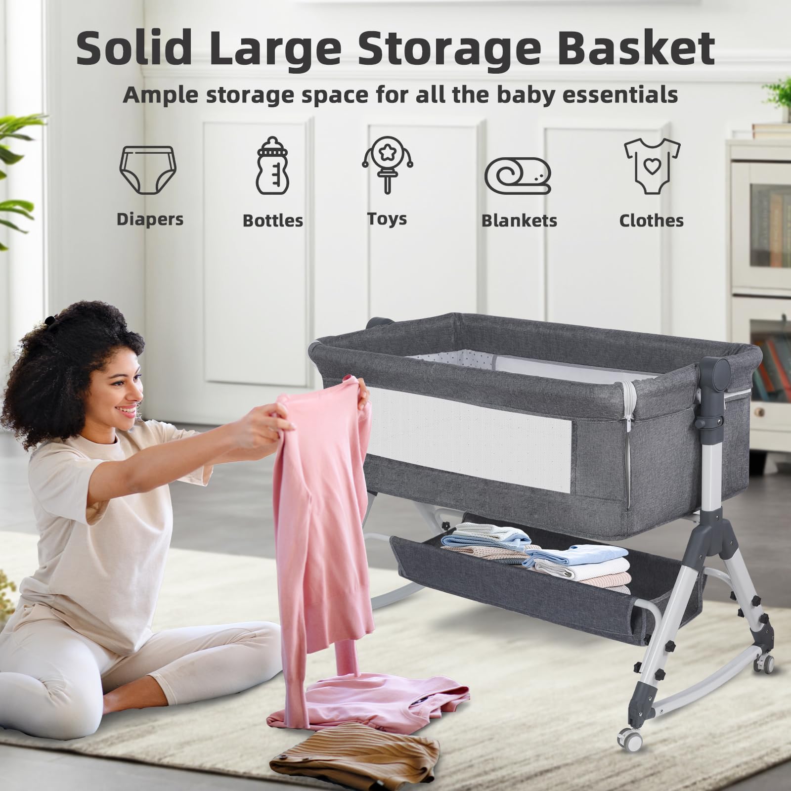 Lit Bébé Cododo Berceau avec Matelas, Mode Bascule pour Bercer, Côté Repliable, Hauteur Réglable, Fenêtres en Filet, 4 Roues, 0-24 Mois (Gris Clair)