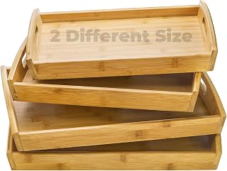 Peohud 4-Pack Bamboo Serving Trays with Handles - 2 Large (16.3x11.7") & 2 Small (14.6x10") Rectangular Trays for Couch Eating, Breakfast, Parties