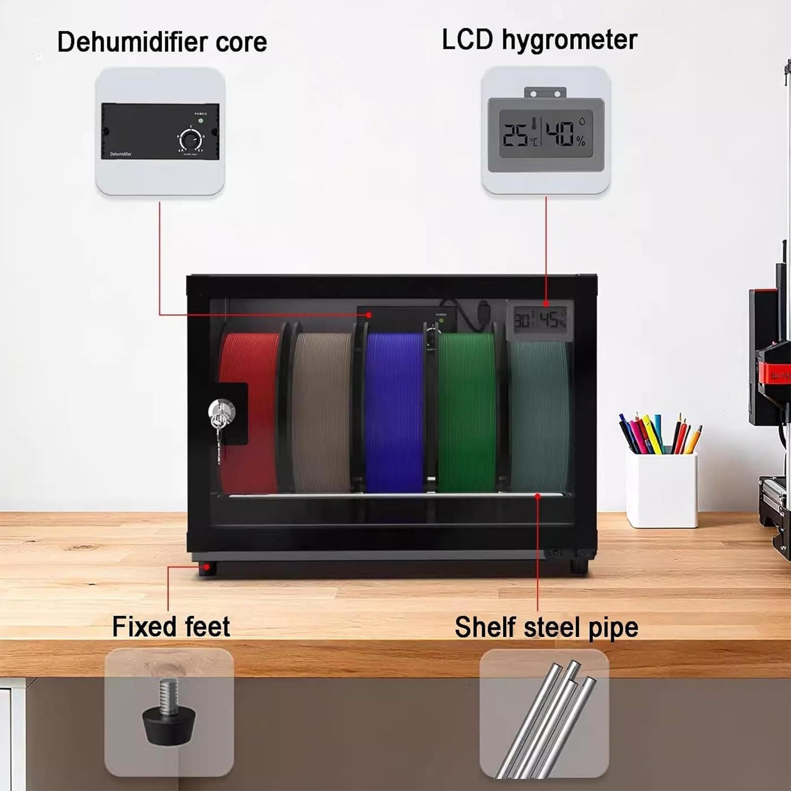 Gabinete deshumidificador de filamento para impresora 3D, caja seca de 25 litros con control de humedad con capacidad para 5 carretes, para PLA/ABS/PETG, bloqueo seguro