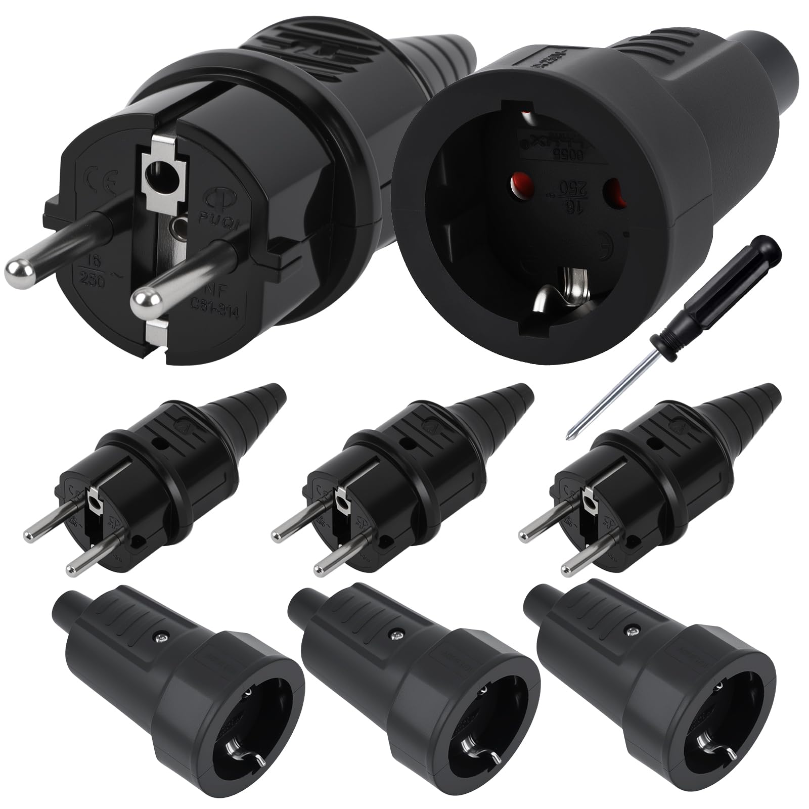 4 paia di connettori Schuko 250 V (16 A), spina Schuko IP44 e presa Schuko, spina di alimentazione per Câble, presa Schuko per esterni da 8 mm (senza cavo)