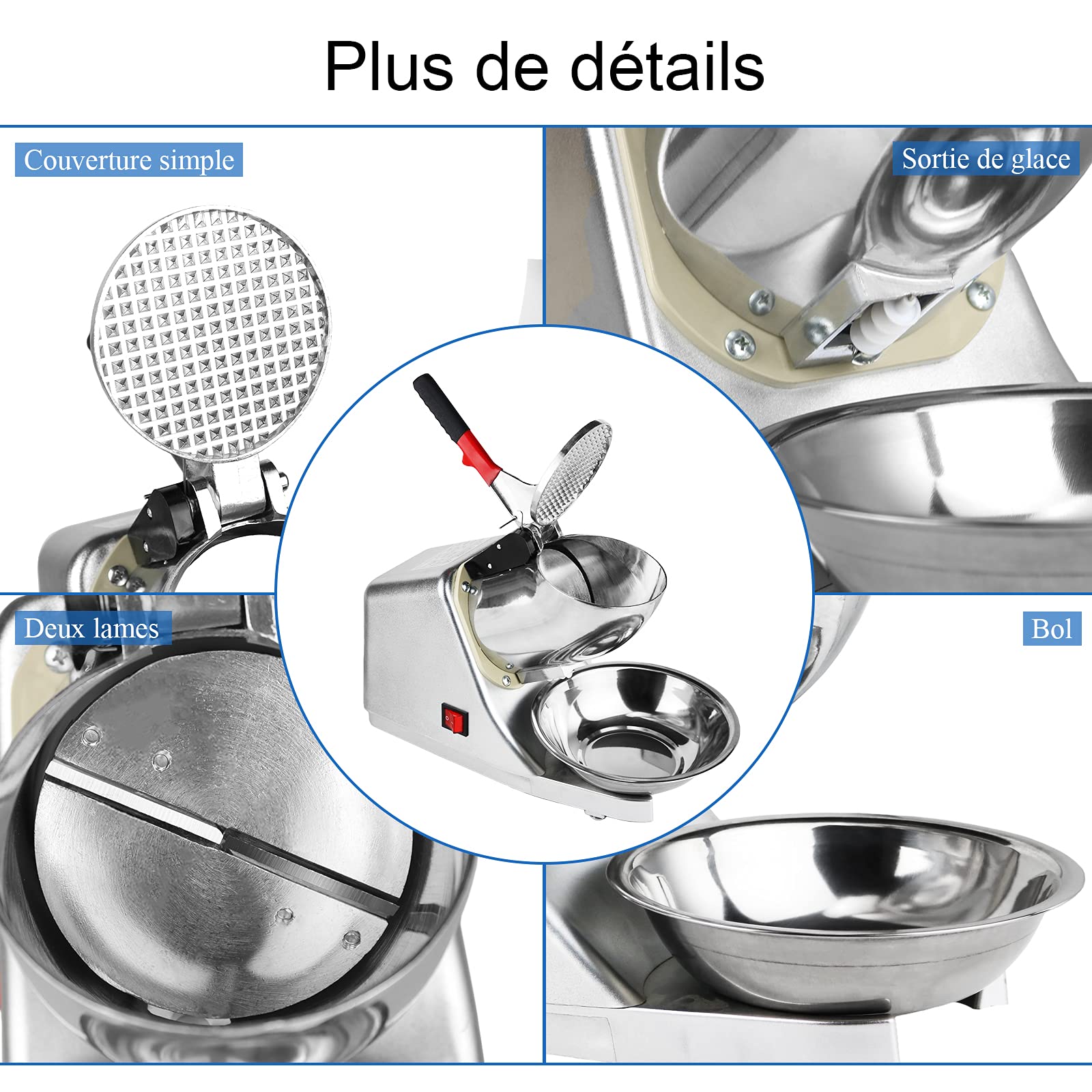 Broyeur à Glace Electrique,Machine à Glace pilée 300 W, 220 V-240 V,Snow Cone Maker Machin Volume de Glace concassée 65 kg/h,Convient à de commerce et de ménage(plata)