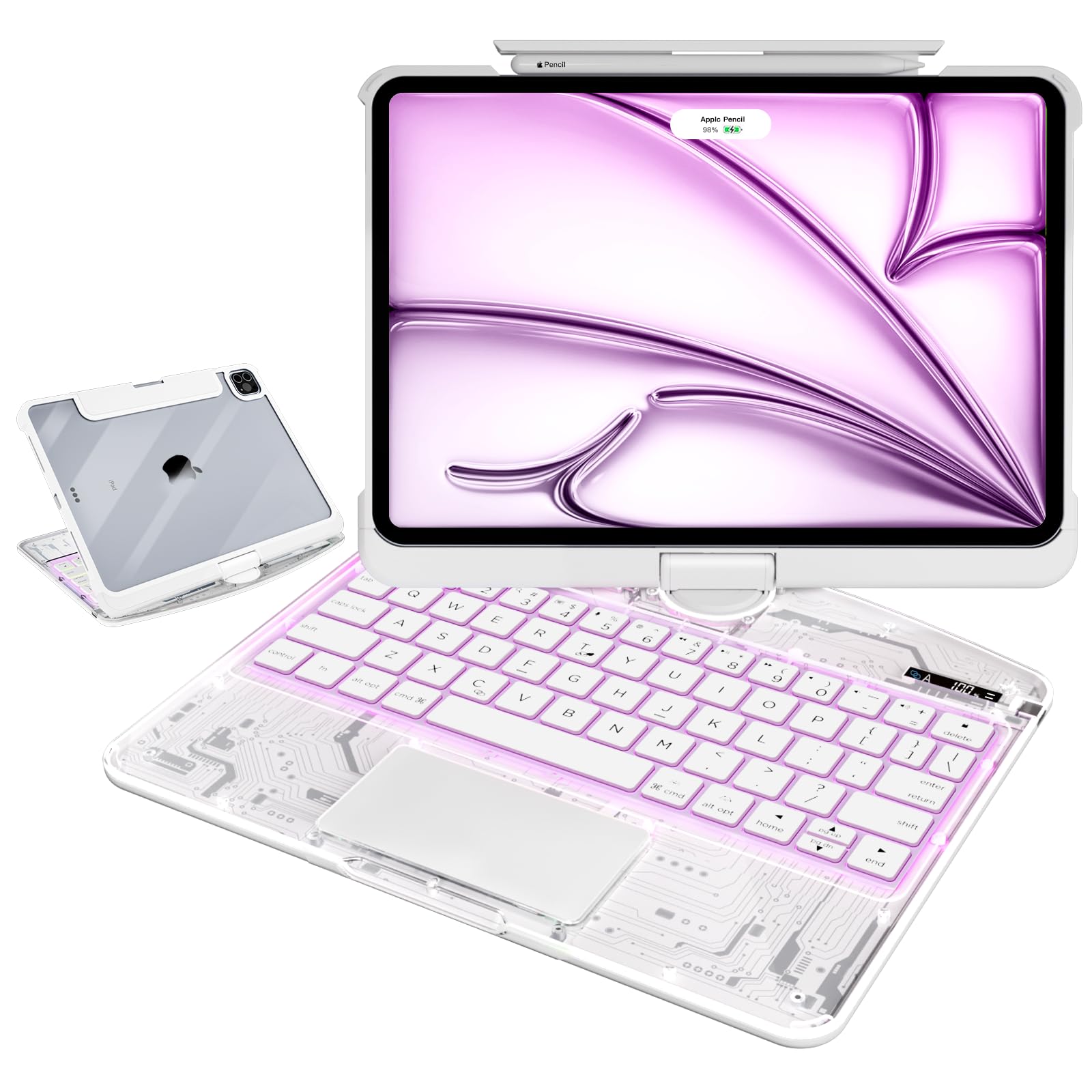 for iPad Air 13 Inch Case with Keyboard (M2-2024, M3-2025), for iPad Pro 12.9 inch(6/5/4/3 Gen) Keyboard Case with 360°Rotating Stand, 7 Colors Backlight, Trackpad, ransparent White