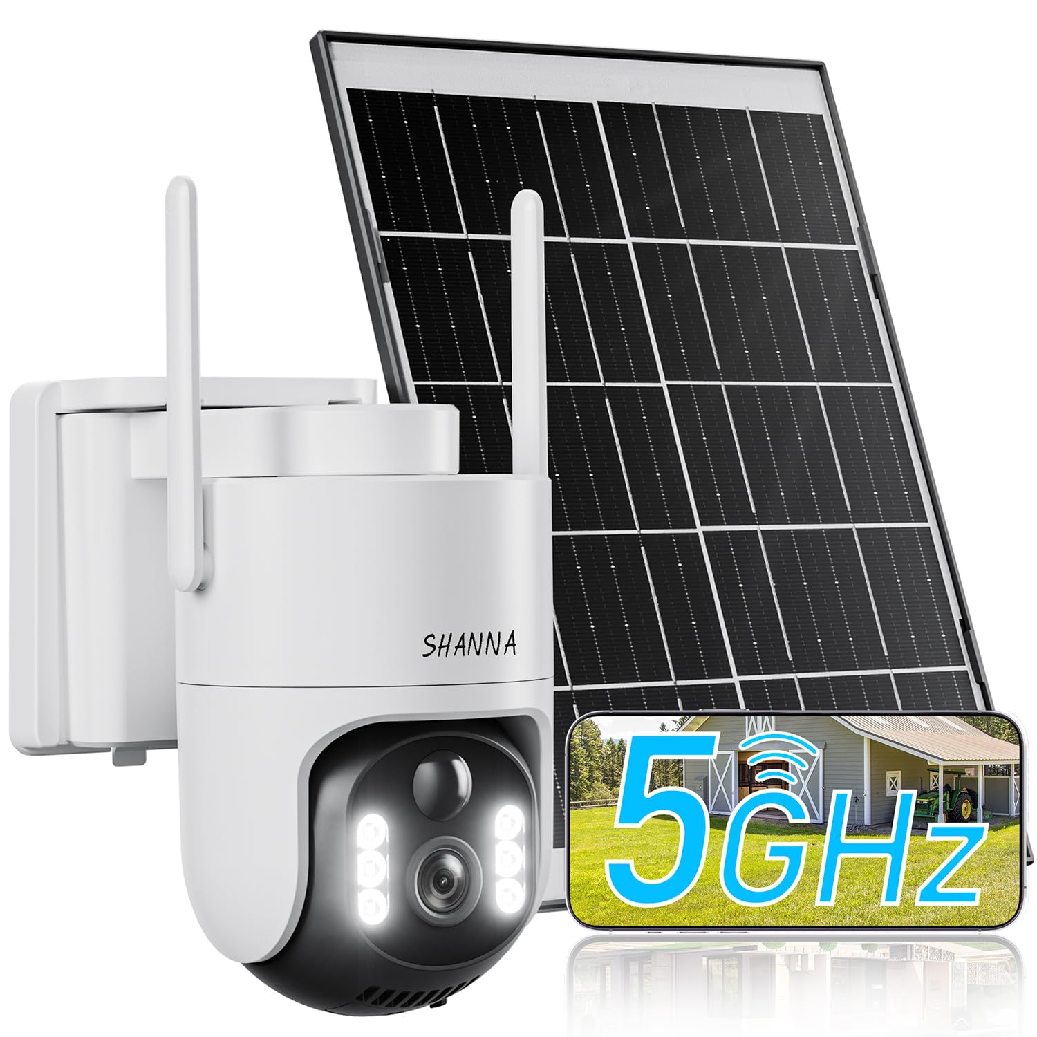 SHANNA [5GHz & 2,4GHz]Camara Vigilancia WiFi Exterior Solar,Batería de 8000mAh y panel solar de 7W,2K 4MP Camera Vigilância Exterior con Luz de inundación,Visión Nocturna Color,Detección de Movimiento con IA