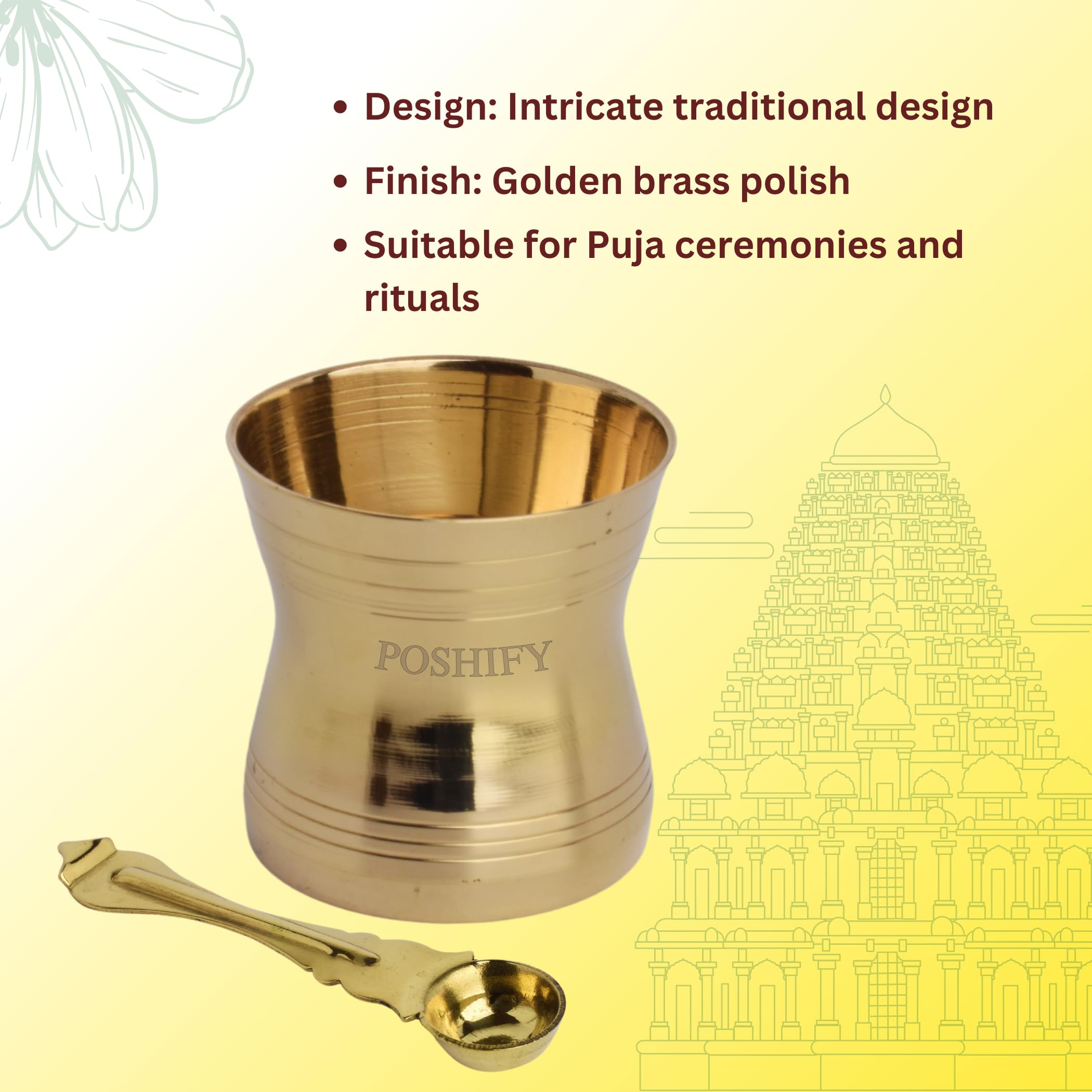 POSHIFY Traditional Brass Pancha Patra with Spoon (Achamani/Pali) | Pure Brass Panchpatra Set for Puja, Mandir, Holy Water & Diwali | Hindu Pooja Items for Home (Cup: 6x6 cm, Spoon: 11.5 cm) 2