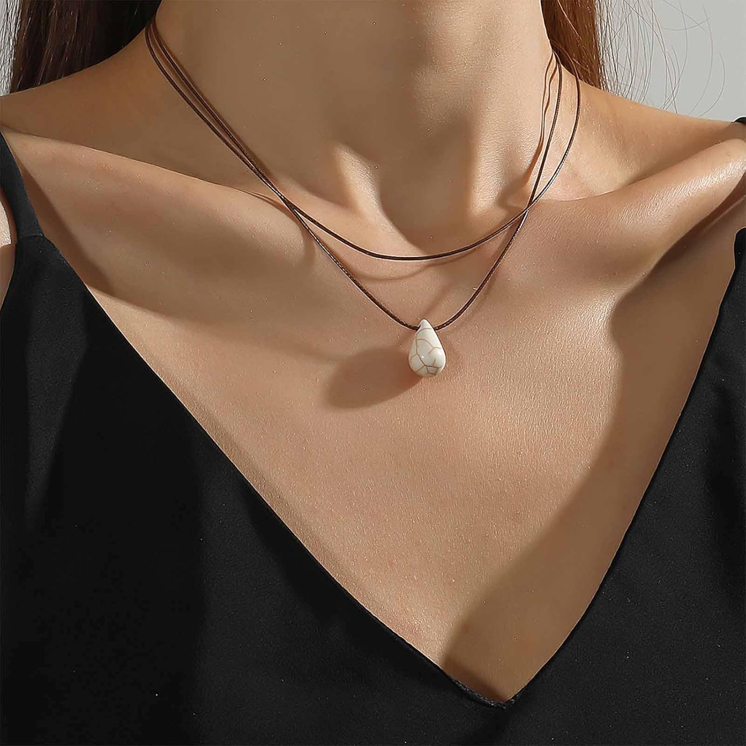 Vintage Turquoise Teardrop Pendent Necklace Howlite Crystal Necklaces Brown Leather Choker Necklaces White Turquoise Necklace Gemstone Waterdrop Choker Jewelry for Women - Image 2