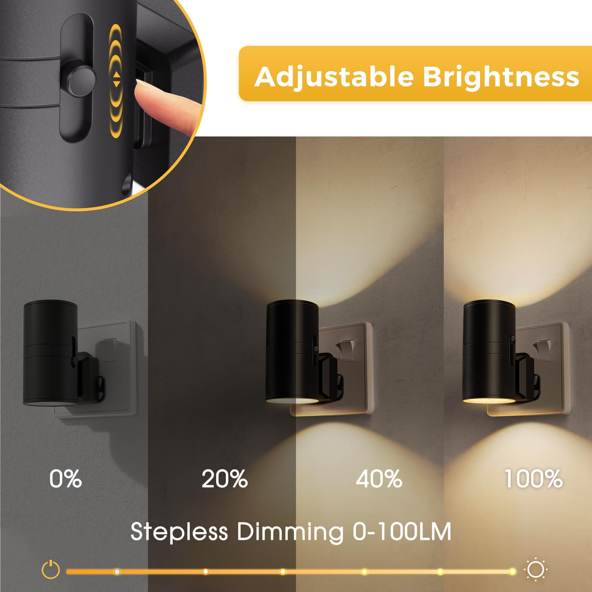 Luz Nocturna, Luz Nocturna Led con Luz Blanca Cálida de 3000 K, Botón de Ajuste Que Se Puede Ajustar de 0 a 100 Lm, con Sensor de Fotocélula de Atardecer a Amanecer 2PCS