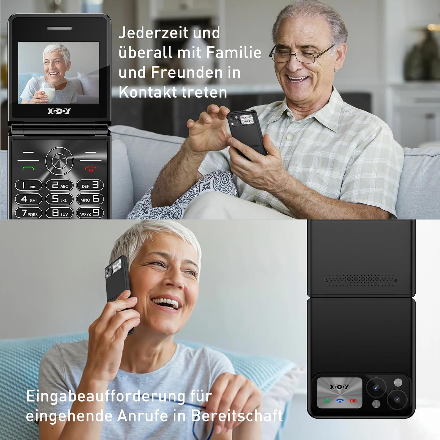 หญิงชราใช้โทรศัพท์มือถือแบบฝาพับ XGODY S200 สาธิตระดับเสียงสนทนาที่ดังและชัดเจน