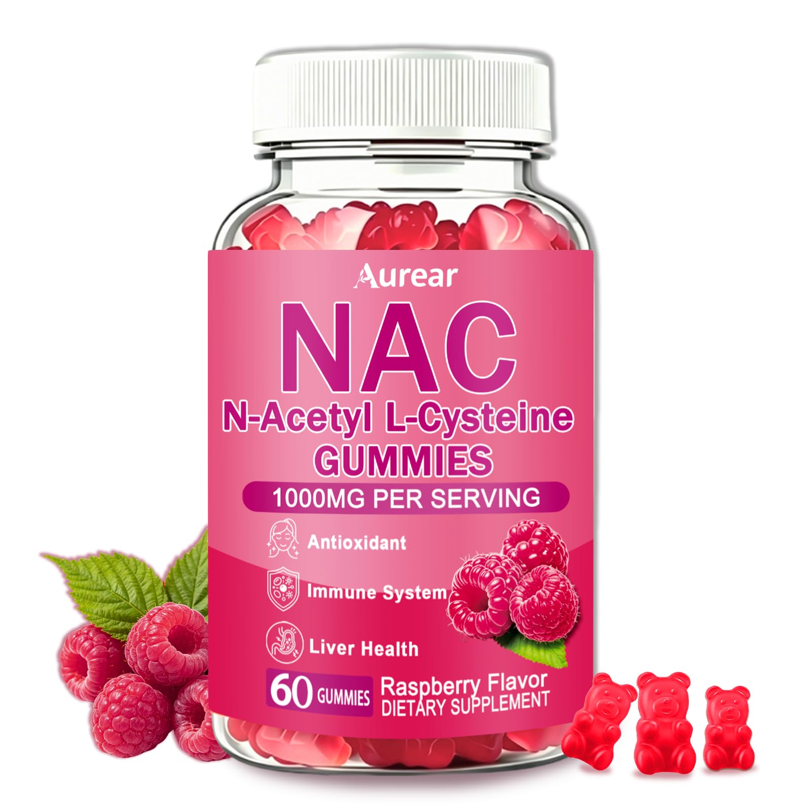 NAC Gummies 1000mg, N Acetyl Cysteine Supplement for Immune & Antioxidant Support, Vegan, Sugar Free, Strawberry Flavor, 60 Count 60 Count (Pack of 1)