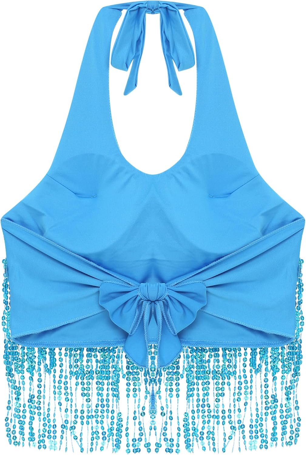 Linjinx Women's Belly Dance Bra Top Lace-up Sparkly Sequins Crop Top Halter Sleeveless Stage Costume