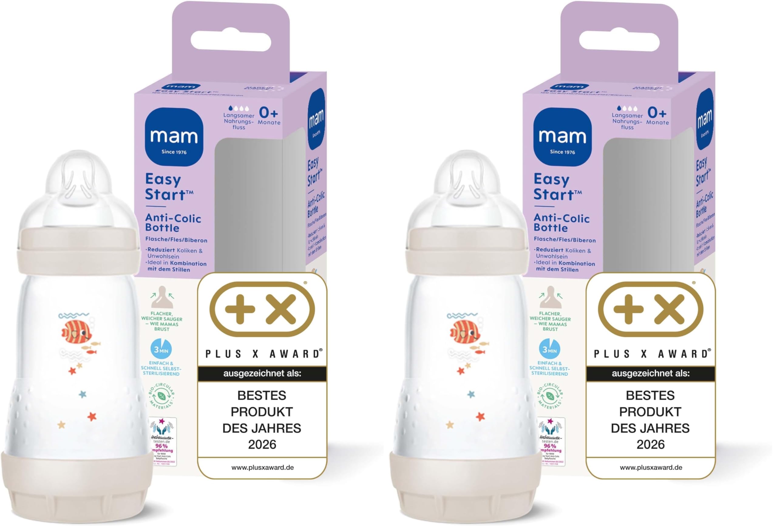 MAM Easy Start Anti-Colic Baby Bottle (260 ml) | 0+ Mon | Baby Bottle with Bottom Valve | 94% Acceptance | 96% Midwife Recommendation | 80% Less Colic | Fish/Beige/Cotton (Pack of 2) Beige-Cotton/Fish 2-260 ml (pack of 2)
