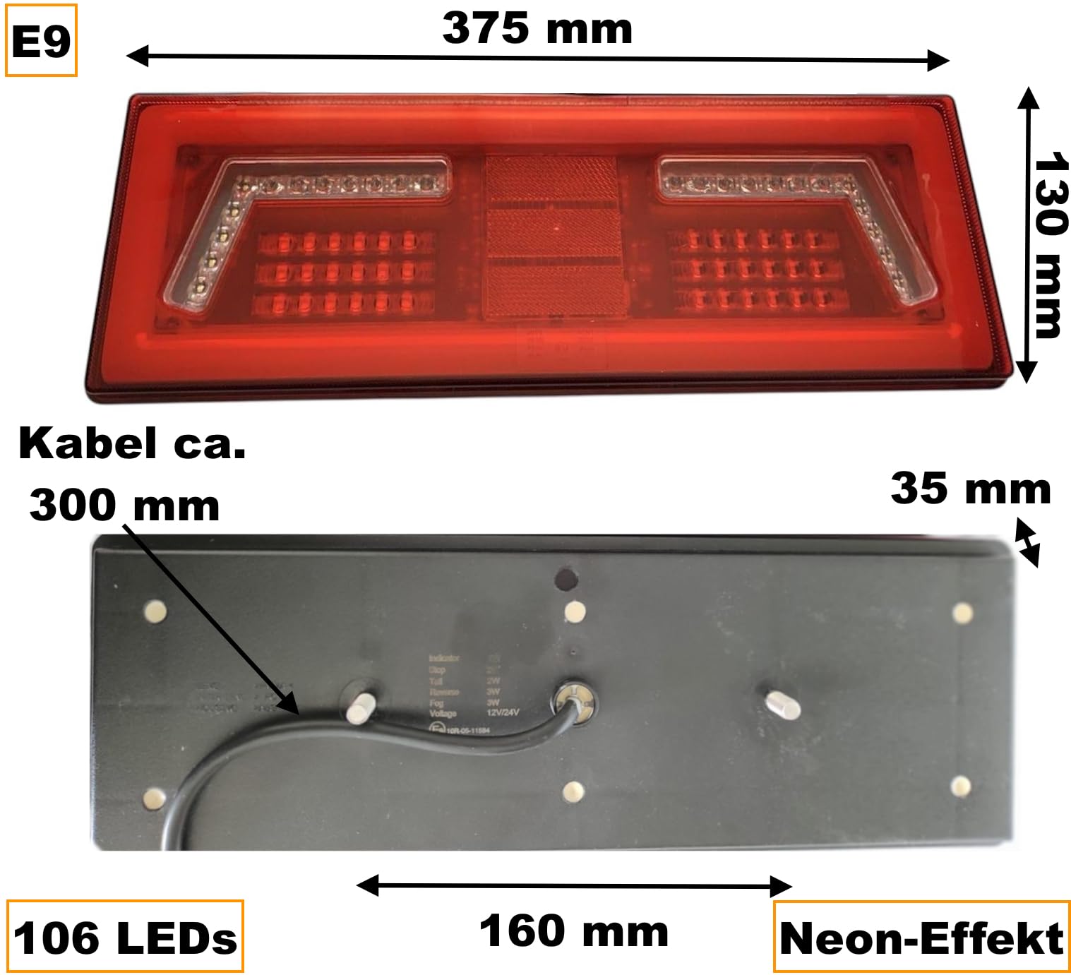 LED Rückleuchten Set 12V 24V mit Neon-Effekt 96/106 LED – 2x Rücklicht für LKW Schlepper Traktor Bagger – E9, Kombileuchte mit Rückfahrlicht & Nebelschluss (106 LED - Neon-Effekt-Licht)