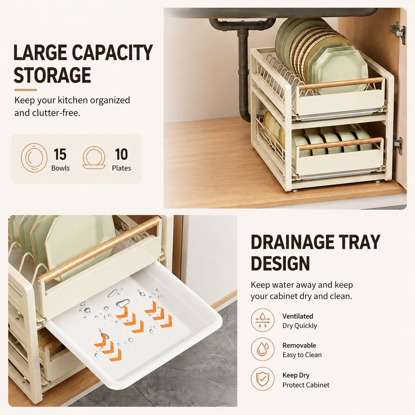 Organizador Bajo Fregadero con Bandeja, Gran Capacidad y Alfombrilla Antideslizante, Estante Extraíble para Cocina, Baño y Armario Black 15.3x11.8x5.1in/39x30x13cm