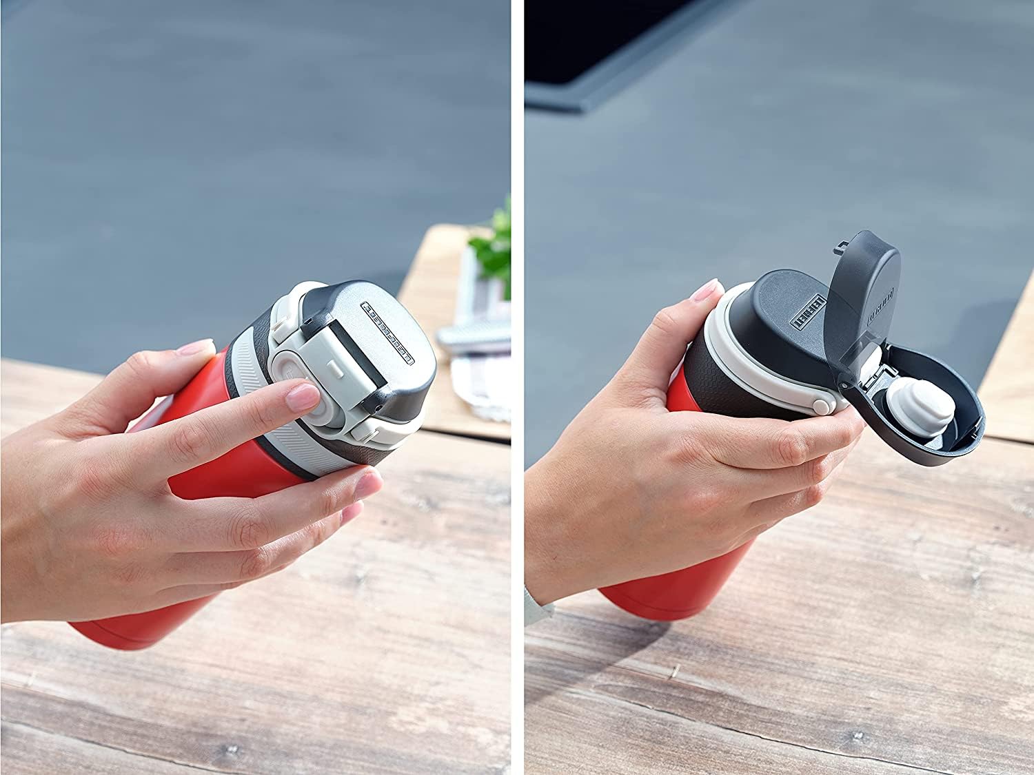 Leifheit Flip Bouteille isotherme (350 ml) avec bouchon à vis, mug voyage avec fermeture 100% anti-fuite, mug étanche avec ouverture à une main, rouge