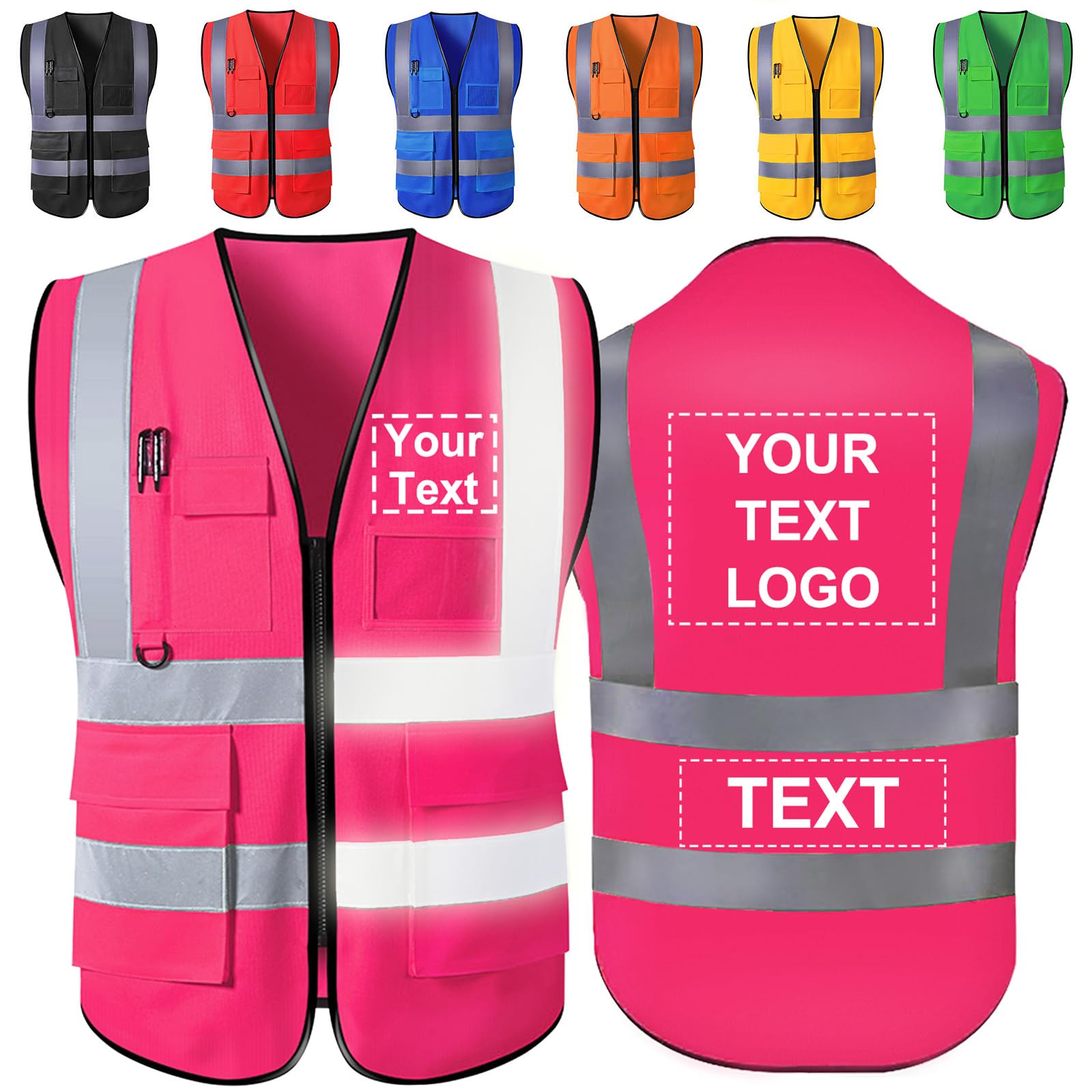 Personalised Hi Vis Vest Custom Logo/Text/Name Customize Safety High Visibility Vests with Pockets and Zipper Bulk for Women Men Work