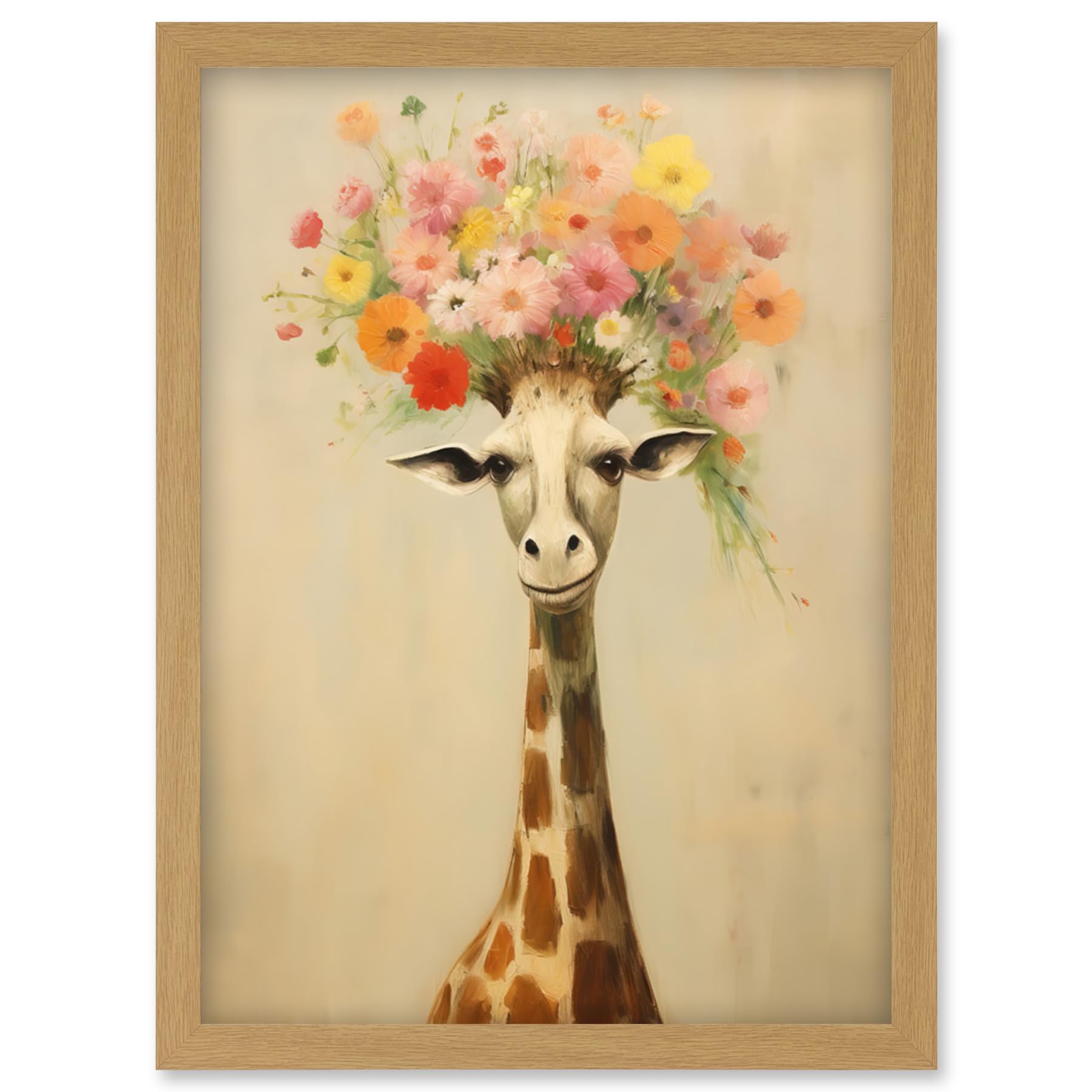 Artery8 Cheerful Giraffe with Wildflower Bouquet Hat Spring Camouflage Whimsical Oil Painting Nursery Artwork Framed Wall Art Print A4