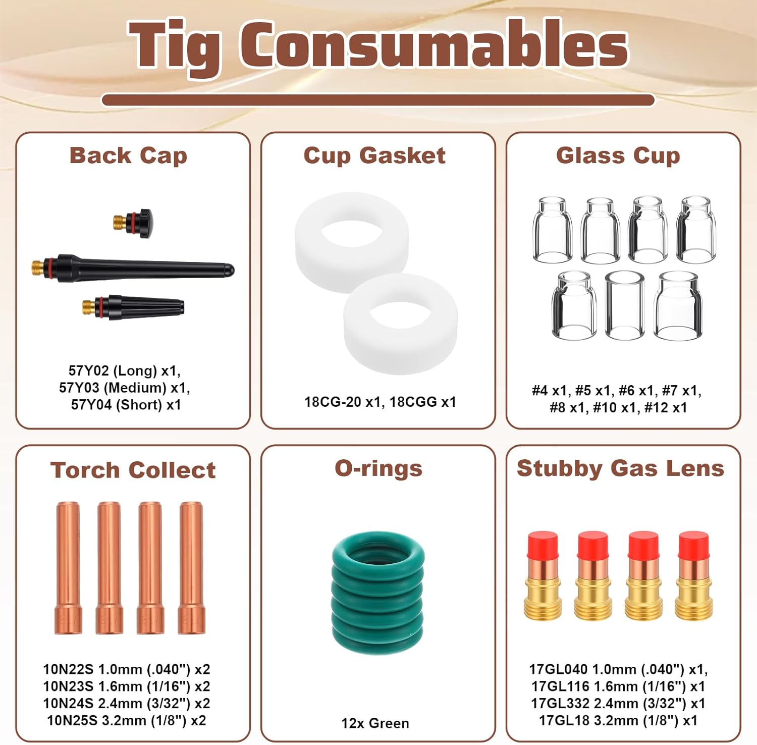 36 Pcs TIG Welding Torch Tools Accessories Stubby Gas Len #4~#12 Glass Cups Kit For WP-17/18/26