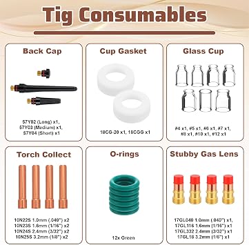 36 Pcs TIG Welding Torch Tools Accessories Stubby Gas Len #4~#12 Glass Cups Kit For WP-17/18/26
