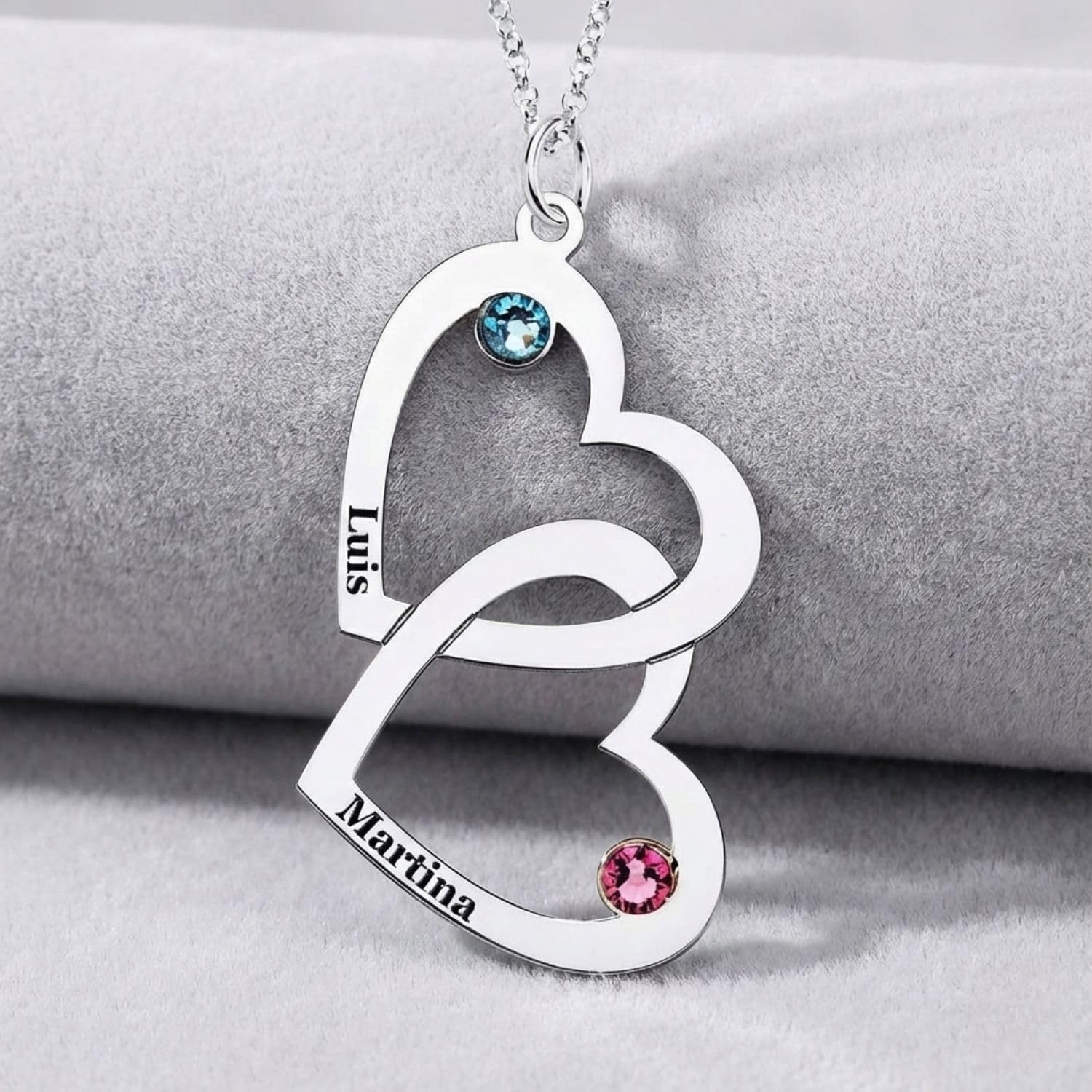 Collar de Plata con Corazones Personalizado - Colgante Personalizado con Nombres y Piedras en Plata de Ley, ideal para regalar