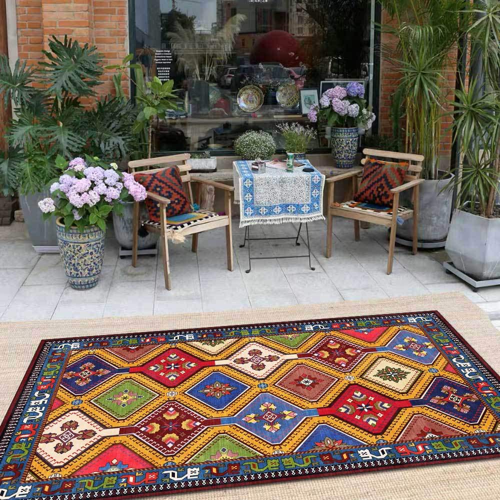 Dywaniki do salonu antypoślizgowy dywan z krótkim włosiem zmywalny dywan podłogowy do sypialni wystrój domu dywan geometryczny styl etniczny kolorowy romb 120 x 160 cm