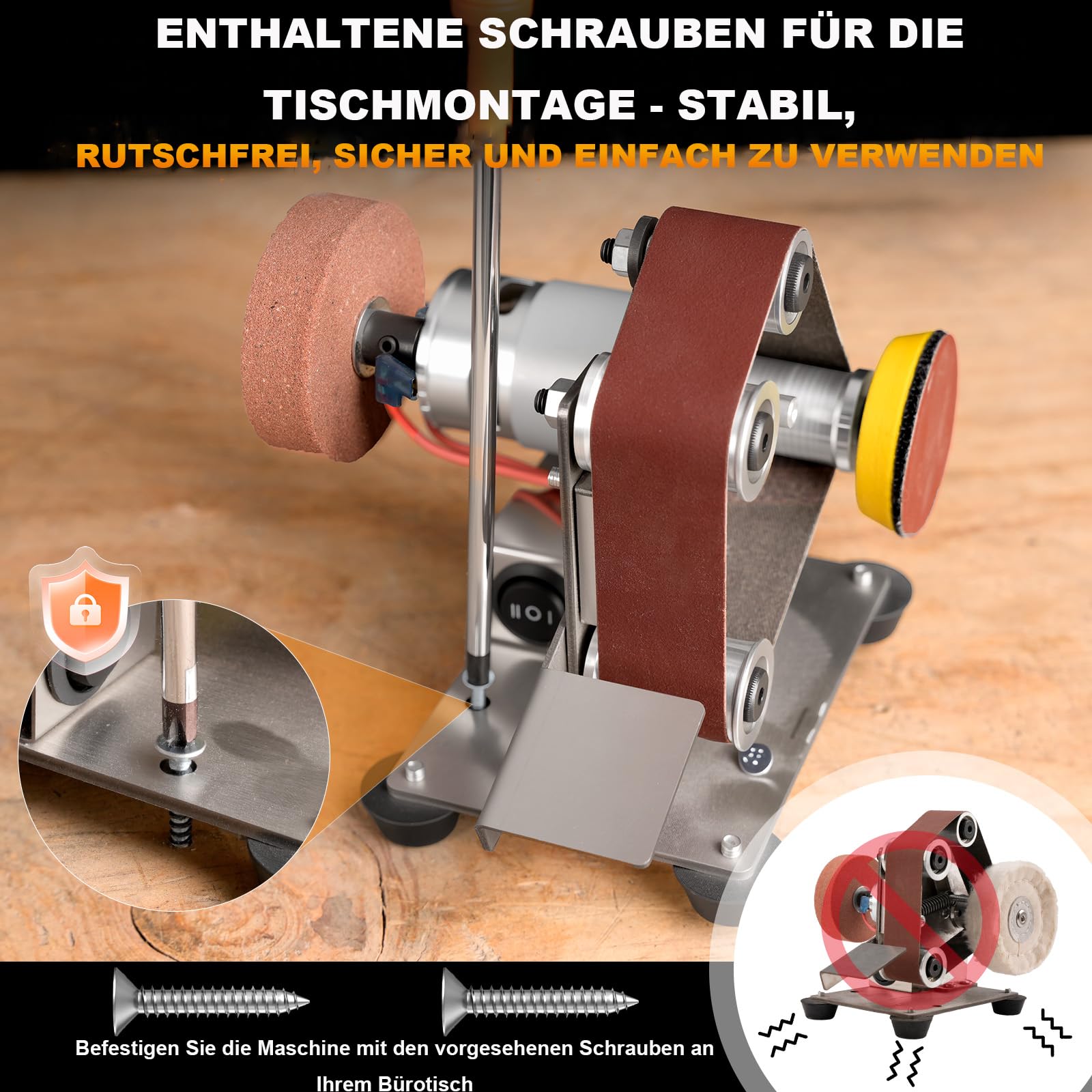 Mini-Bandschleifer-Set – 3-in-1, Geräuscharm, 7-stufige Geschwindigkeitsregelung | Schleifen & Polieren für DIY, Holz & Metall(100 x 120 x 130 mm)