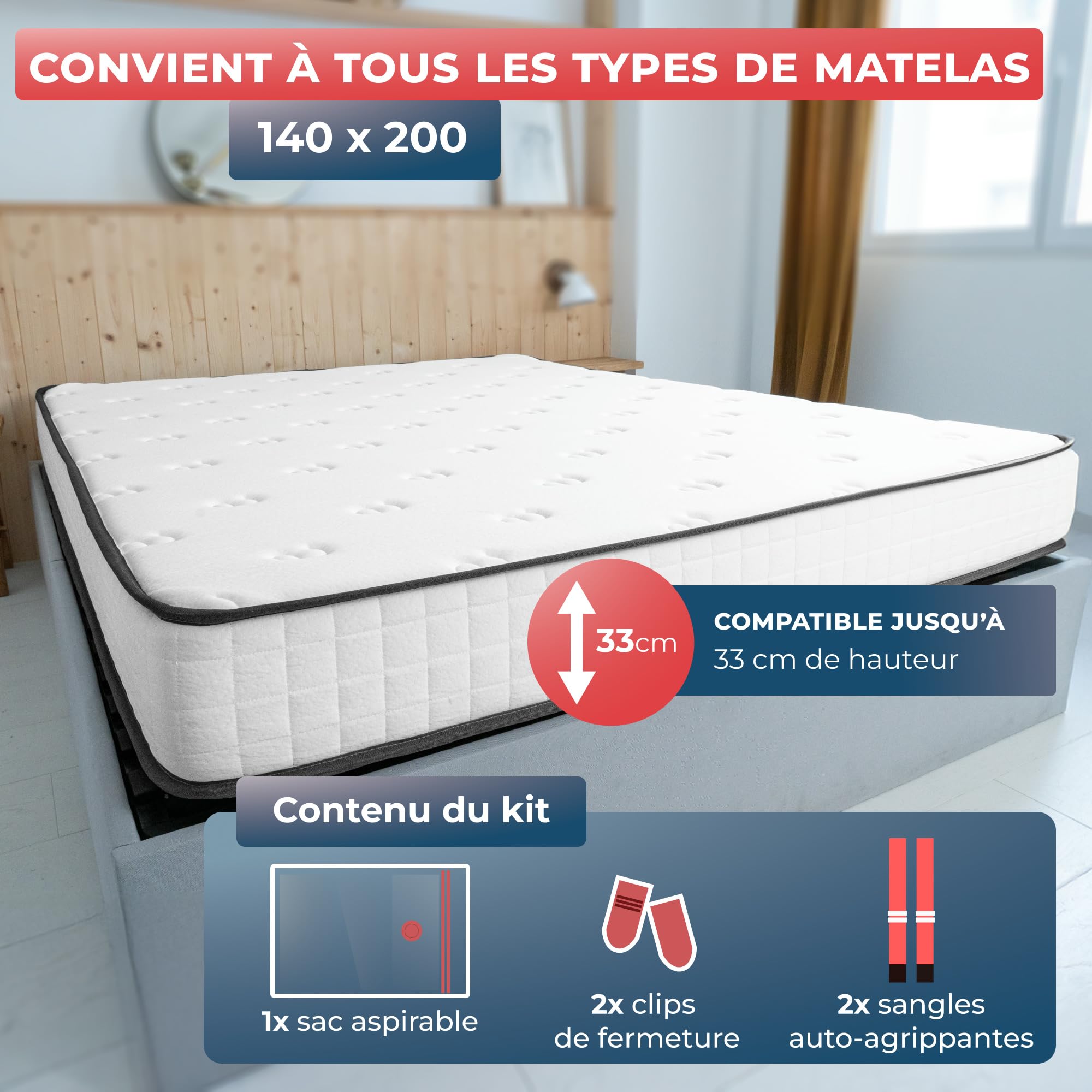 Wrappybag – Sac sous vide Matelas Déménagement 140 x 200 cm – Kit Complet Housse protection matelas sous vide Etanche avec Clips & Sangles auto agrippantes – Compatible Toutes Tailles et Aspirateurs