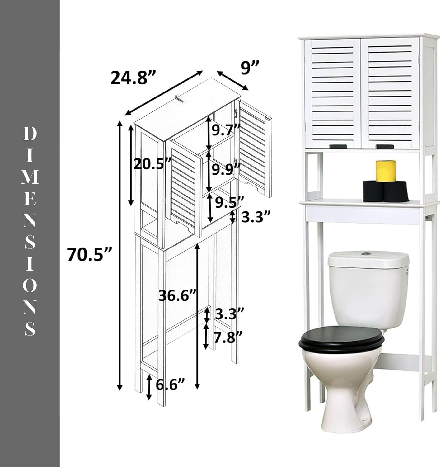 EVIDECO French Home Goods Over The Toilet Storage Cabinet with Dual Doors and Open Shelf, Space-Saving Bathroom Storage Cabinet for Toiletries, White Finish - Miami Collection