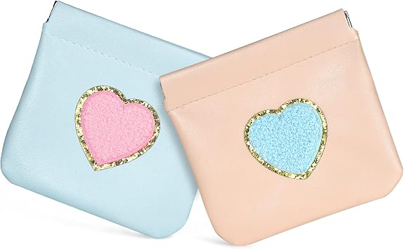 Coin Purse 2 Pack Change Purses Small PU Leather Cosmetic Bag Pocket Heart Makeup Organizer Cute Portable Waterproof Jewelry Travel Case for Women Pink + Blue